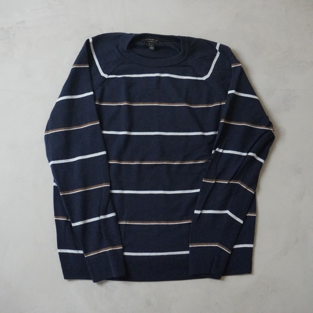 Banana Republic Merino Wool Sweater Large Mens Navy Blue Striped Crew Neck